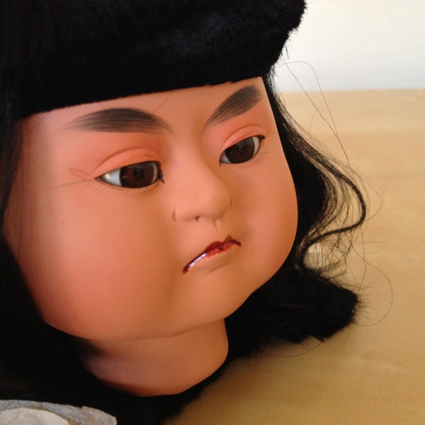 Retro Japanese gogatsu ningyo large samurai doll head- ceramic, hand-painted w/ glass eyes & black hair