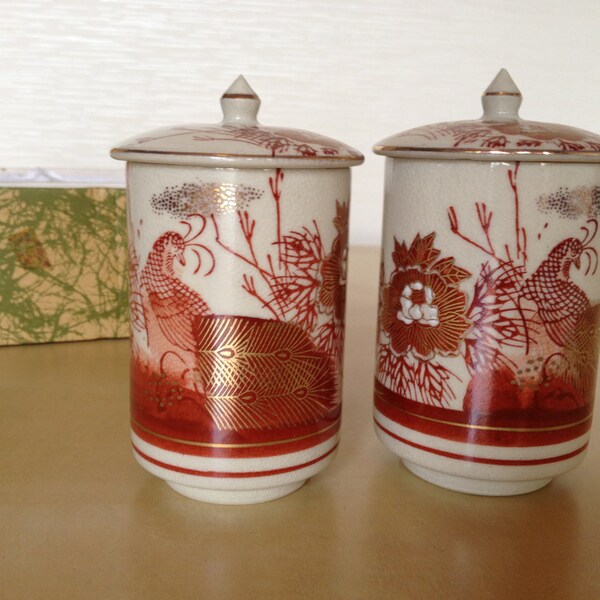 Set of traditional Japanese ceramic Kutani yaki yunomi matching lidded teacups golden peacock design