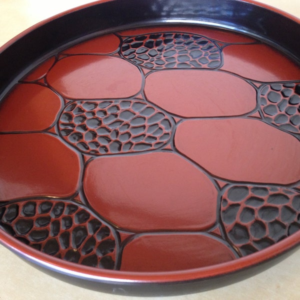 Japanese HUGE abstract modern textured molded plastic tray in lacquer-like orange & black geometric design
