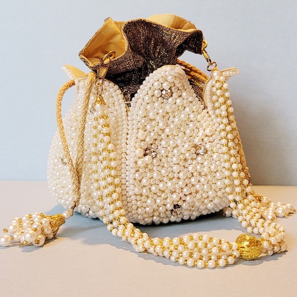 White Pearl Bag, Beaded Pearl Rhinestone Clutch, Party Clutch Sling, Wedding Purse, Bridal Bag, Handmade Purse, Embellished Lotus Potli Bag