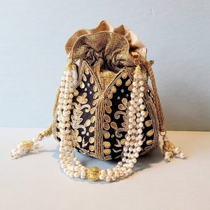 Black Gold Pearl Beaded Clutch, Black Potli Bag, Evening Party Clutch, Indian Wedding Purse, Bridal Bag, Handmade Embroidered Embellished