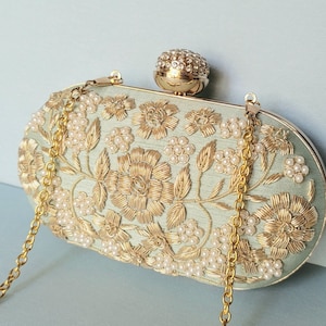 Bolso de fiesta azul menta y verde, bolso bandolera con cuentas y perlas, bolso de boda, bolso de novia, bolso de noche, bolso de mano bordado con adornos, regalo