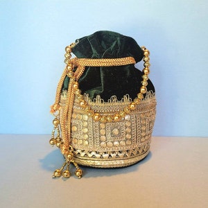 Green Gold Lace Beaded Clutch, Evening Party Wedding Purse, Indian Punjabi Bridal Bag, Handmade Embroidered Embellished Potli Pouch