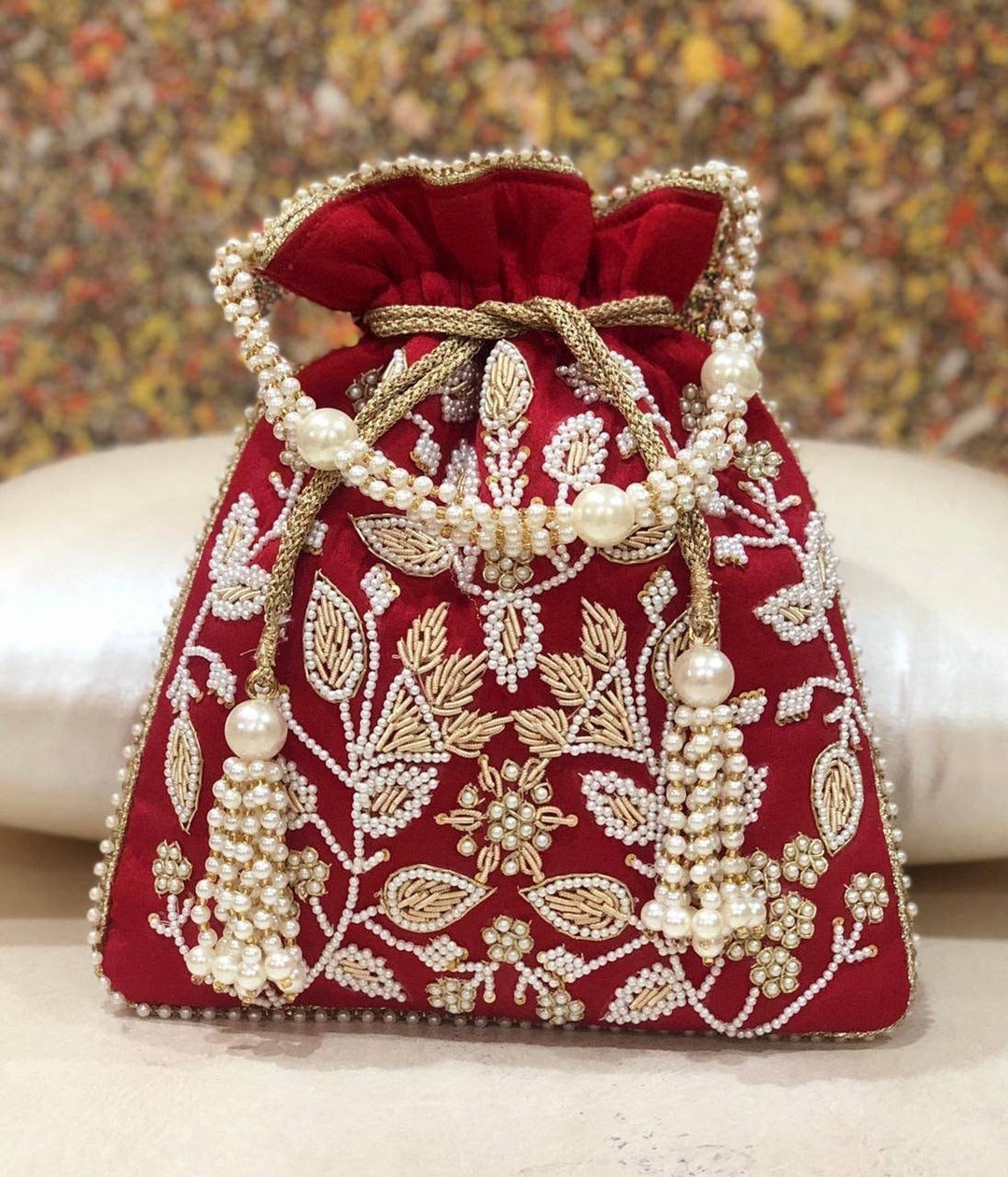 Designer Round Potli Bag with Handwork – Red Color – Sandhya Designer Studio