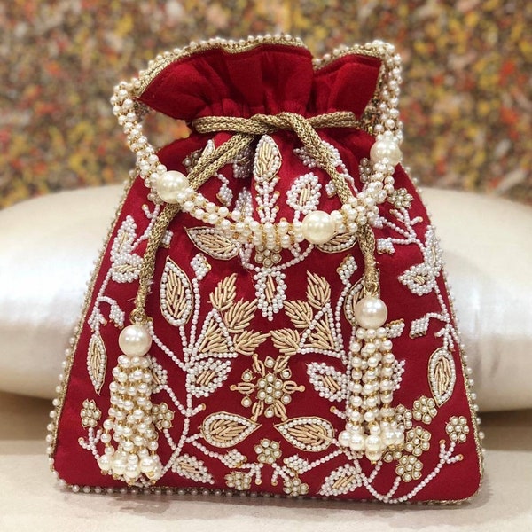 Red Party Purse, Red Potli Bag, Red Pearl Zardosi Clutch, Indian Punjabi Pakistani Bridal Wedding Bag, Embroidered Embellished Evening Bag