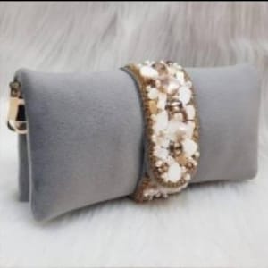 Gray Party Prom Purse, Embellished Shell Beaded Velvet Clutch, Evening Cocktail Sling Bag, Handmade Bridal Wedding Handbag, Mothers Day Gift