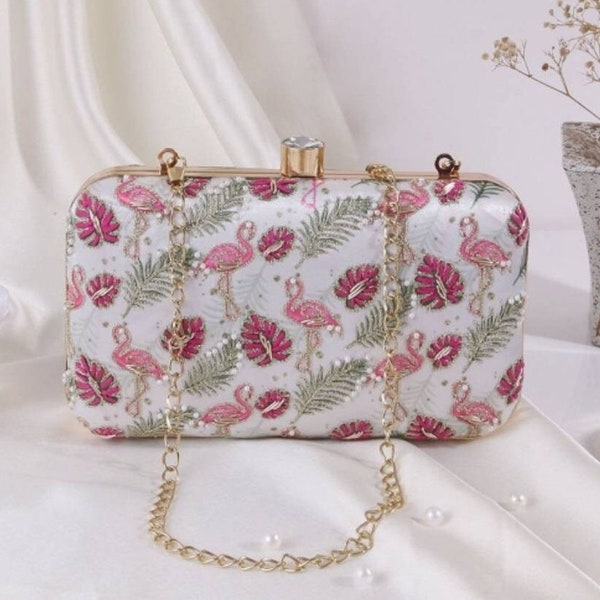 Pink Tropical Beaded Clutch, Flamingo Party Purse, Pink Floral Clutch Sling, Unique Bag, Embellished Embroidered Bag, Unique Christmas Gift