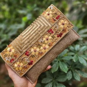 Clutch dorado, bolso de fiesta floral, bolso de noche, clutch de boda, bolso con lentejuelas bordadas, bolso con cuentas, bolso de novia, bolso de fiesta. Regalo.
