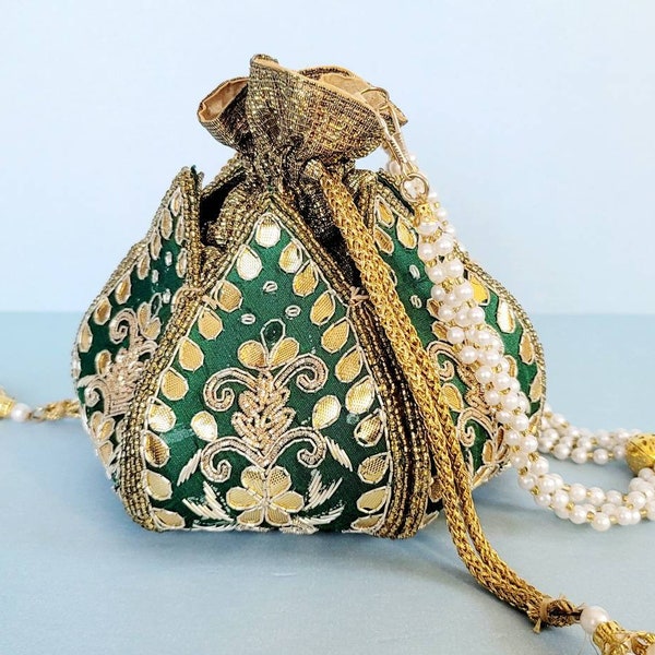 Forest Green Gold Zardozi Clutch, Evening Party Wedding Purse, Indian Bollywood Bridal Bag, Handmade Embroidered Embellished Lotus Potli Bag