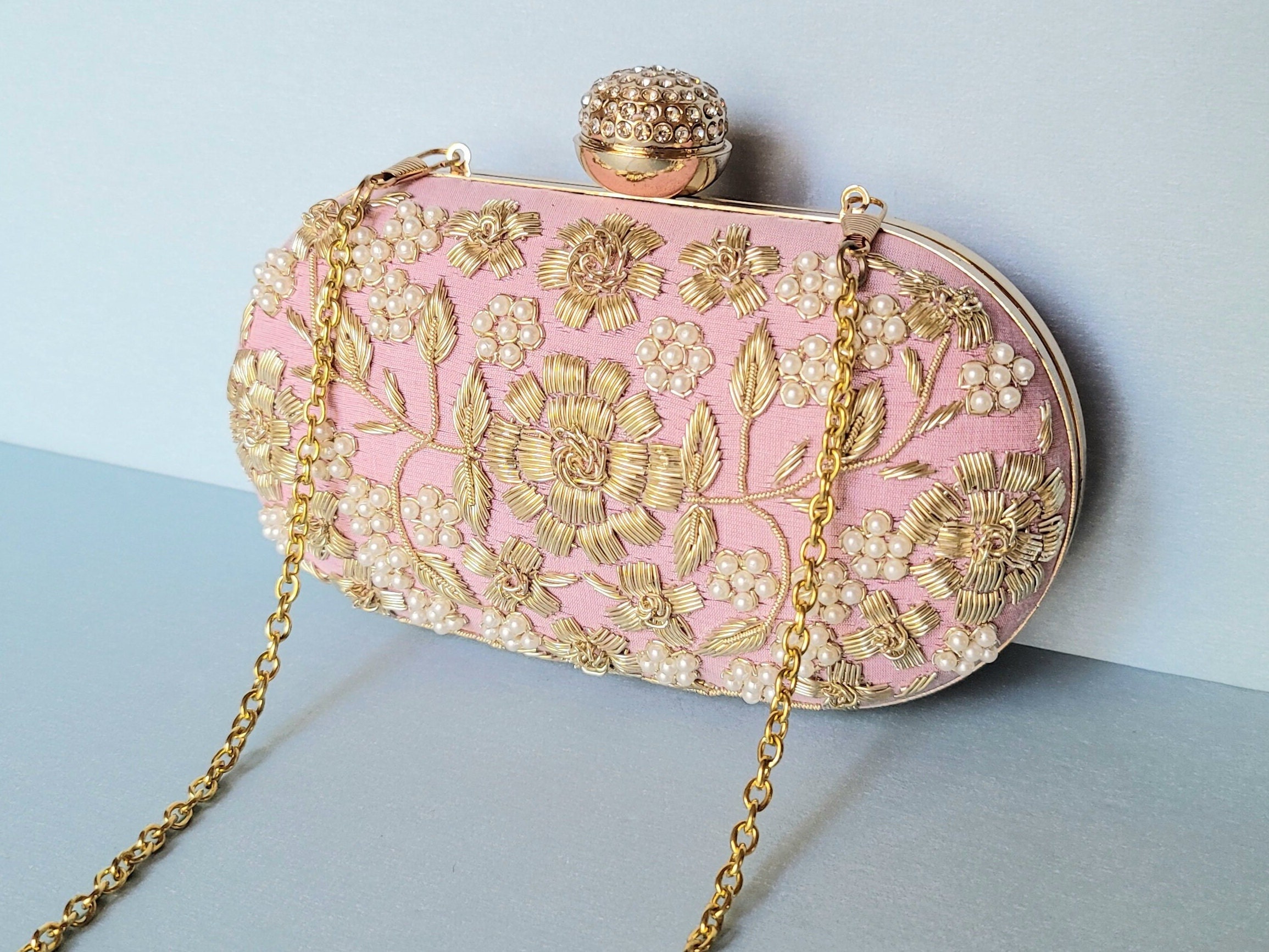 Mini Vsling Handbag With Sparkling Embroidery for Woman in Pearl