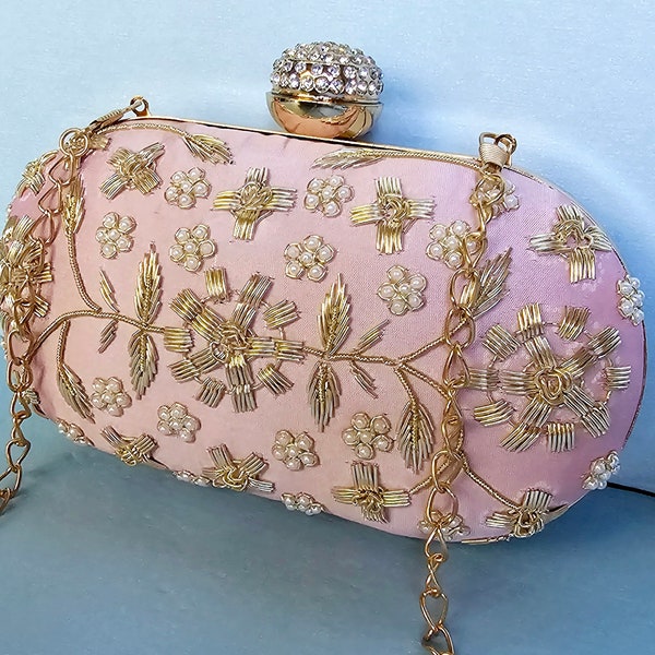 Pink Party Purse, Blush Beaded Bag, Rose Pearl Clutch Sling, Wedding Clutch, Bridal Bag, Evening Clutch, Embellished Clutch, Embroidered Bag