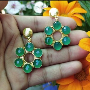 Green Onyx Floral Earrings, Drop Dangle Earring, Handmade Gemstone Earrings, Prom Earrings, Gold Plated Earrings, Mother&#39;s Day Gift
