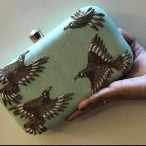 Light Green Gold Zardozi Clutch, Party Purse, Bird Design Sling Bag, Indian Wedding Bridal Bag, Embellished Embroidered Evening Clutch, Gift