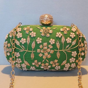 Green Floral Beaded Clutch, Party Purse, Indian Pakistani Clutch, Wedding Bridal Bag, Evening Clutch, Embellished Embroidered Bollywood Bag