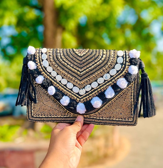 Party Purse Beaded Sequin Clutch Black White Gold Boho Bag 