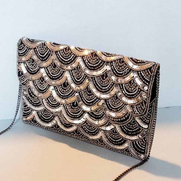 Silver Party Purse, Black Silver Pewter Clutch, Handmade Beaded Sequins Bag, Designer Bag, Fashion Sling Bag, Evening Clutch, Wedding Clutch