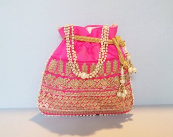 Fuschia Gold Bag, Hot Pink Potli, Evening Party Wedding Purse, Indian Bollywood Punjabi Bridal Clutch, Embroidered Embellished Pouch Batua