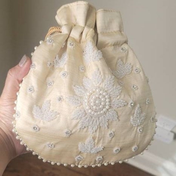 Cream Party Purse, Light Gold Potli Bag, Light Beige Pearl Rhinestone Clutch, Indian Punjabi Pakistani Bridal Wedding Bag, Bollywood Potli