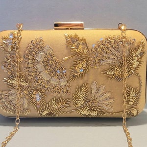 Clutch con cuentas florales doradas, bolso de fiesta beige, clutch bandolera estilo zardozi indio, bolso de novia para boda, clutch de noche bordado y adornado, regalo
