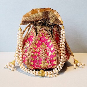 Fuschia Pink Gold Floral Pearl Beaded Clutch, Evening Party Clutch, Wedding Purse, Bridal Bag, Handmade Embroidered Embellished Lotus Potli