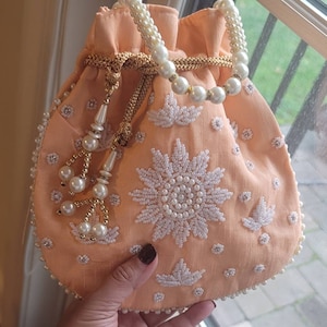 Peach Party Purse, Peach Potli Bag,  Peach Pearl Rhinestone Clutch, Indian Punjabi Pakistani Bridal Wedding Bag, Peach Bollywood Potli Pouch
