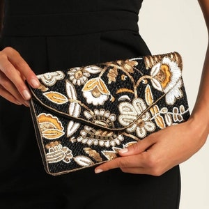 Black Gold Beaded Clutch Purse, Party Clutch Purse, Evening Bags