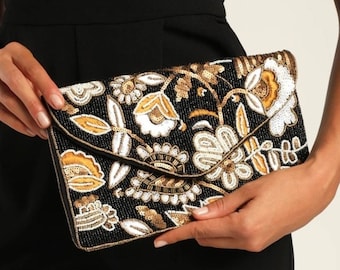 Gold Party Purse, Black Floral Beaded Clutch Bag, Sequins Bag, Designer Bag, Handmade Sling HandBag, Evening Clutch, Bridal Wedding Bag