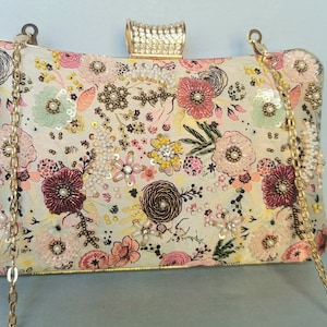 Floral Beaded Clutch, Party Purse, Pearl Sequin Clutch Sling, Wedding Clutch, Bridal Bag, Evening Clutch, Embellished Embroidered Clutch