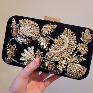 Black Gold Floral Beaded Clutch, Party Purse, Indian Zardozi Clutch Sling, Wedding Bridal Bag, Embellished Embroidered Evening Clutch, Gift