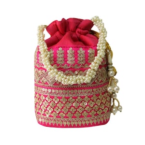 Fuschia Hot Pink Gold Floral Pearl Beaded Clutch, Evening Party Wedding Purse, Bridal Bag, Handmade Embroidered Embellished Potli Indian Bag