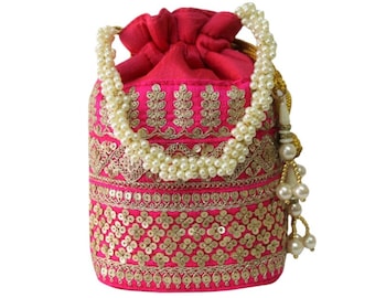 Fuschia Hot Pink Gold Floral Pearl Beaded Clutch, Evening Party Wedding Purse, Bridal Bag, Handmade Embroidered Embellished Potli Indian Bag