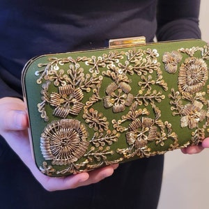 Green Gold Floral Beaded Clutch, Party Purse, Indian Clutch Sling, Wedding Bridal Bag, Evening Clutch, Embellished Embroidered Clutch, Gift