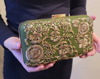 Green Gold Floral Beaded Clutch, Party Purse, Indian Clutch Sling, Wedding Bridal Bag, Evening Clutch, Embellished Embroidered Clutch, Gift