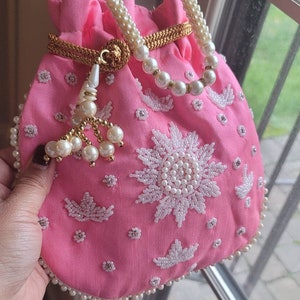 Pink Party Purse, Pink Potli Bag,  Bubble Gum Pink Pearl Rhinestone Clutch, Indian Punjabi Pakistani Bridal Wedding Bag, Bolly Potli Pouch