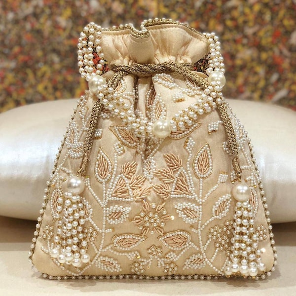 Light Gold Party Purse, Cream Potli Bag, Beige Pearl Zardosi Clutch, Indian Punjabi Pakistani Bridal Wedding Bag, Gold Bollywood Potli Pouch