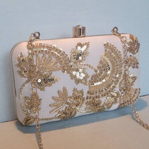White Gold Floral Beaded Clutch, Party Purse, Indian Zardozi Clutch Sling, Wedding Bridal Bag, Embellished Embroidered Evening Clutch, Gift
