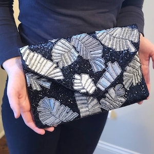 Black Silver Clutch, Metallic Party Purse, Black Evening Cocktail Bag, Silver Beaded Sling Bag, Embroidered Bag, Pewter Wedding Clutch, Gift