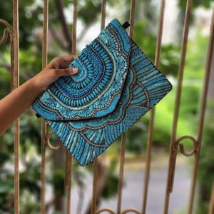 Blue Beaded Purse, Turquoise Beaded Bag, Turquoise Blue Boho Bag, Blue Beaded Clutch, Bohemian Sling Bag, Blue Embellished Bag