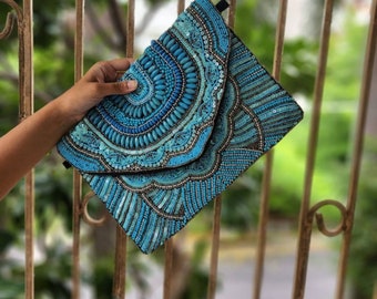 Blue Beaded Purse, Turquoise Beaded Bag, Turquoise Blue Boho Bag, Blue Beaded Clutch, Bohemian Sling Bag, Blue Embellished Bag