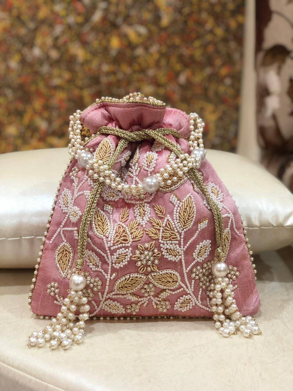 Pink Party Purse Baby Pink Potli Bag Light Pink Pearl Zardosi Clutch Indian Punjabi Pakistani Bridal Wedding Bag Bollywood Potli Pouch