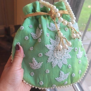 Green Party Purse, Green Potli Bag,  Green Pearl Rhinestone Clutch, Indian Punjabi Pakistani Bridal Wedding Bag, Bollywood Potli Pouch Bag