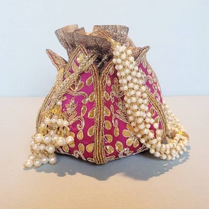 Pink Gold Floral Pearl Beaded Clutch, Evening Party Clutch, Wedding Purse, Bridal Bag, Handmade Embroidered Embellished Lotus Potli