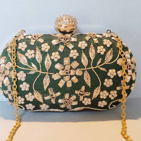 Green Floral Beaded Clutch, Party Purse, Indian Pakistani Clutch, Wedding Bridal Bag, Evening Clutch, Embellished Embroidered Bollywood Bag