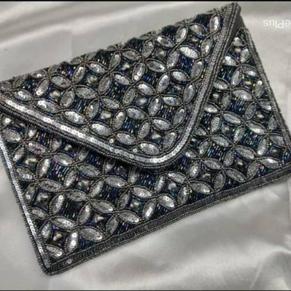 Silver Party Purse, Black Silver Pewter Clutch, Handmade Beaded Sequins Bag, Designer Bag, Fashion Sling Bag, Evening Clutch, Blingy Clutch