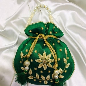 Green Gold Pearl Floral Zardozi Clutch, Evening Party Wedding Purse, Indian Bollywood Bridal Bag, Handmade Embroidered Embellished Potli Bag