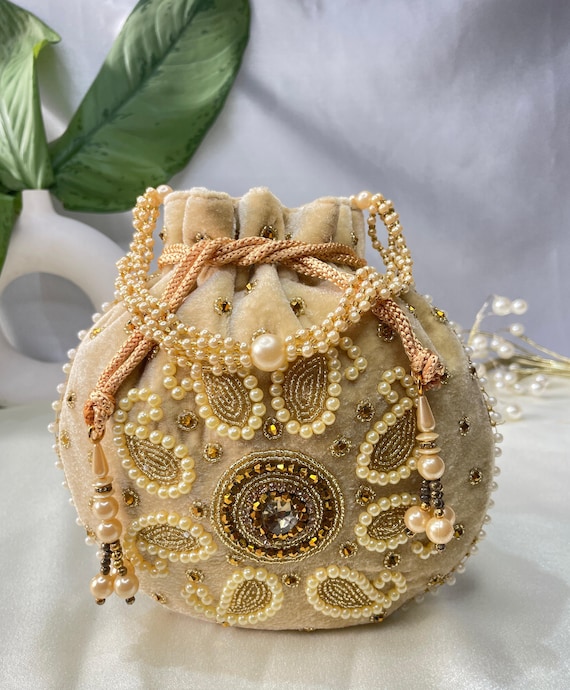 Gold Party Purse Beige Potli Bag Beige Pearl Zardosi Clutch Indian Punjabi Pakistani Bridal Wedding Bag Gold Bollywood Potli Pouch Etsy