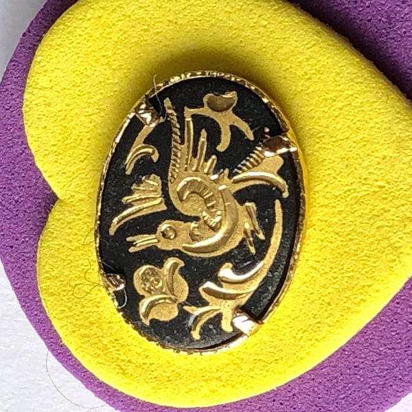 0834 - Pretty Oval Damascene  Vintage Clothing Button, Gold Bird with Flowers Motif