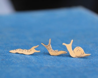 Gold snail earrings, set of three earrings, 14k slugs and snails, garden snail jewelry, 14k slug earrings