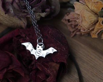 Handmade silver bat necklace, stamped bat charm pendant, sterling silver bat