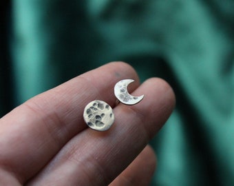 Boucles d'oreilles phases de lune, boucles d'oreilles phases de lune en argent, clous d'oreilles croissant de lune en argent sterling, boucles d'oreilles pleine lune